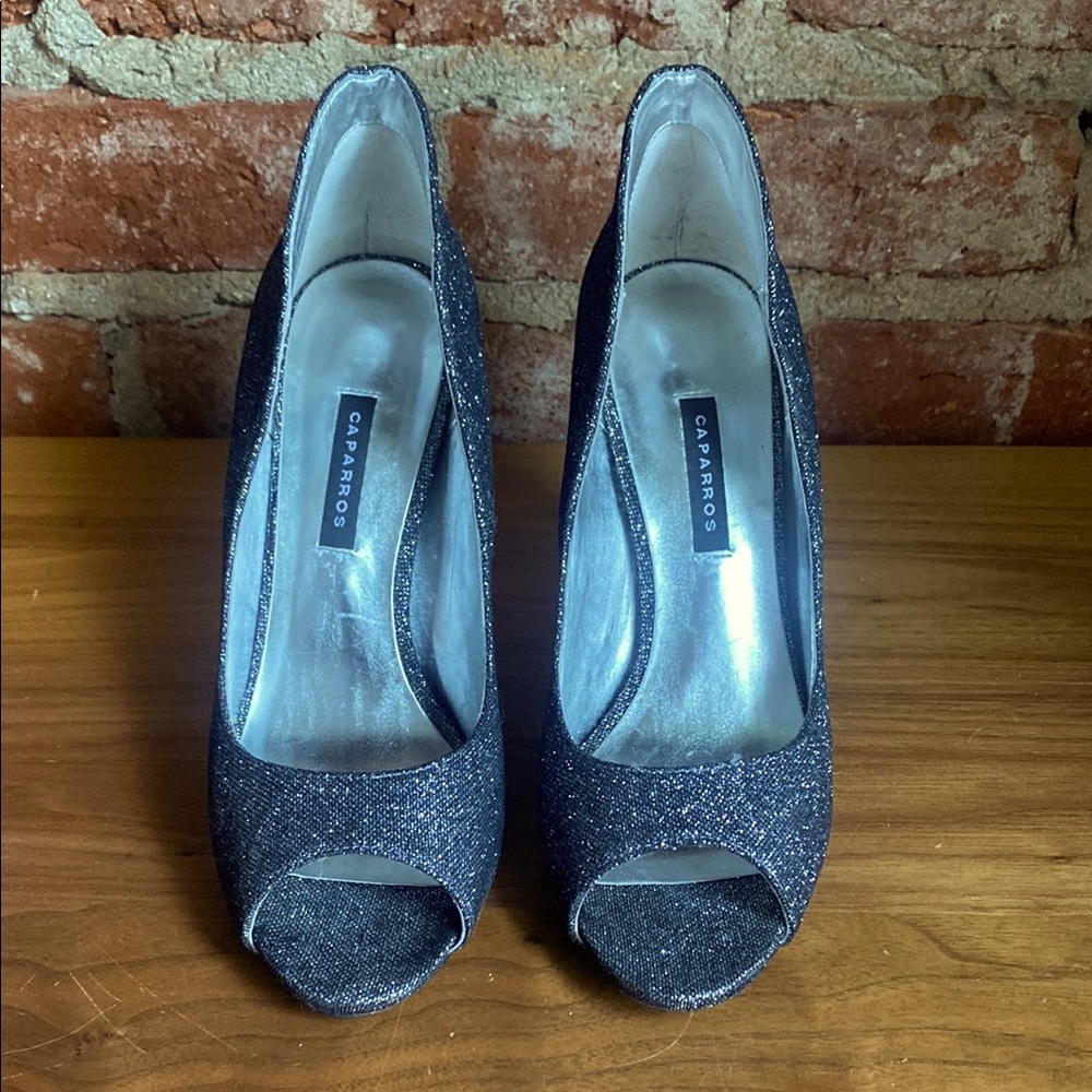 Black silver glitter metallic Peep-Toe Heels